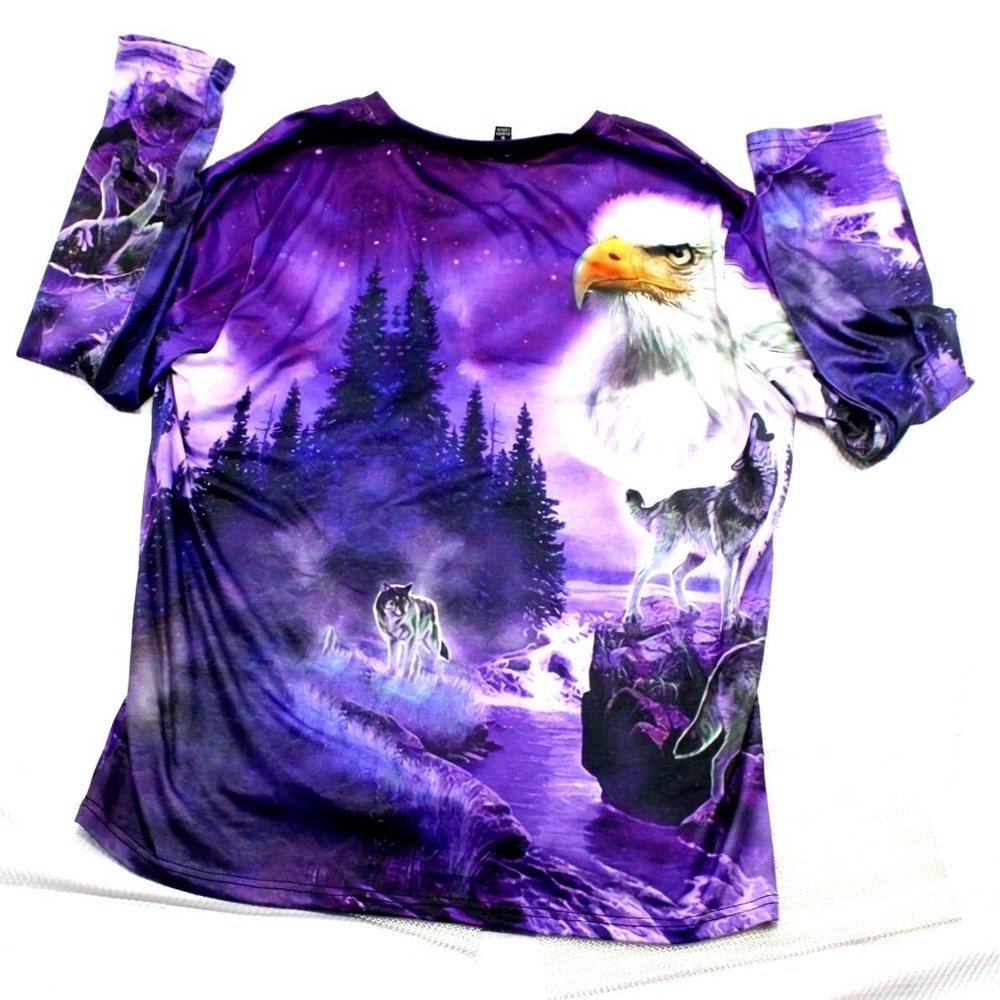 Ouku Women‎ XL Purple Wolf Eagle Galaxy Graphic Lace Up V-Neck T-Shirt New - Picture 7 of 7